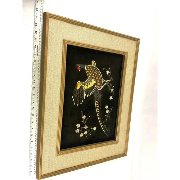 VTG Pheasant Bird Black Velvet Felt Beaded Rhinestones Art Wooden Frame MCM - Picture 15 of 16